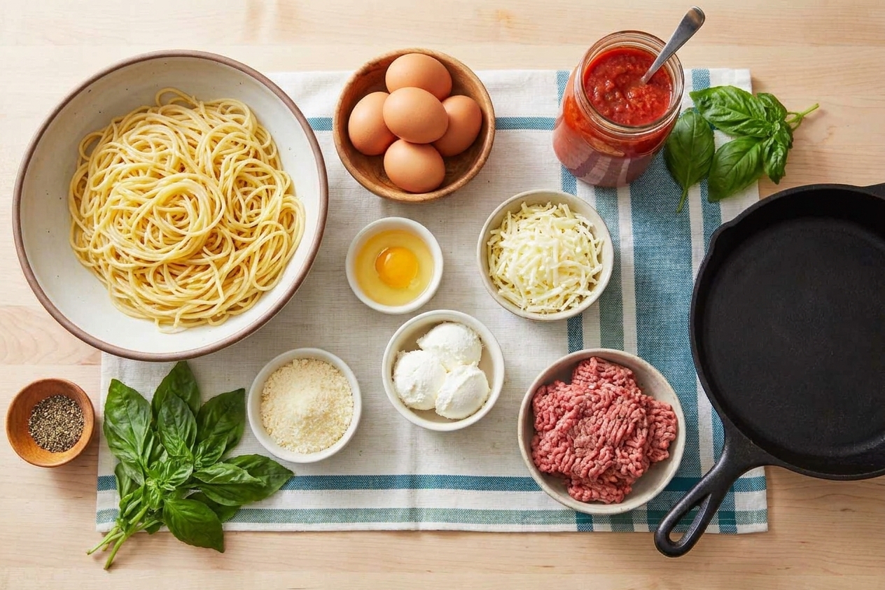 Spaghetti pie ingredients arranged on a bright kitchen counter, including cooked spaghetti, eggs, parmesan, ricotta, marinara, ground beef, mozzarella, and fresh basil