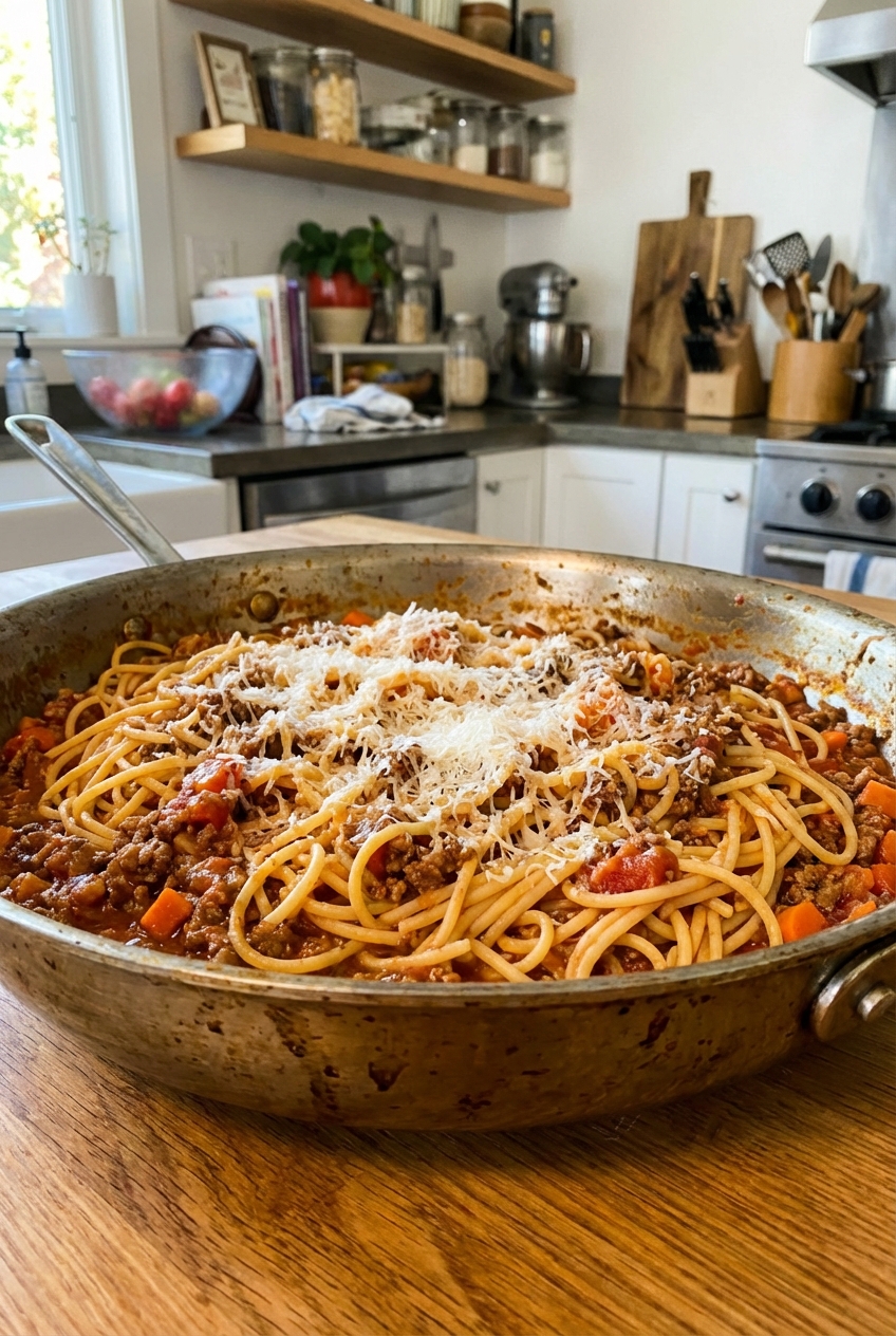 Spaghetti tossed with bolognese in a large pan with grated Parmesan on top