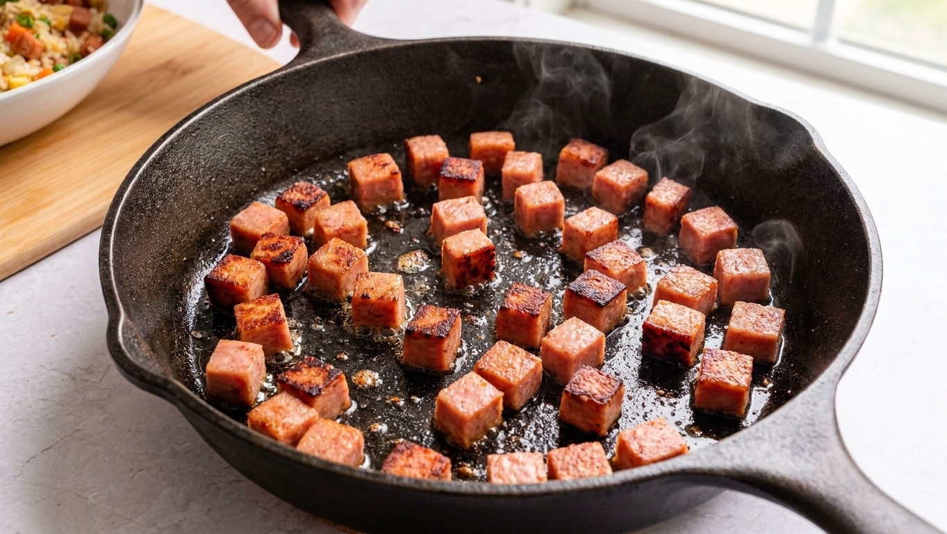 Spam cubes browning in a hot skillet with crisp edges forming as they fry