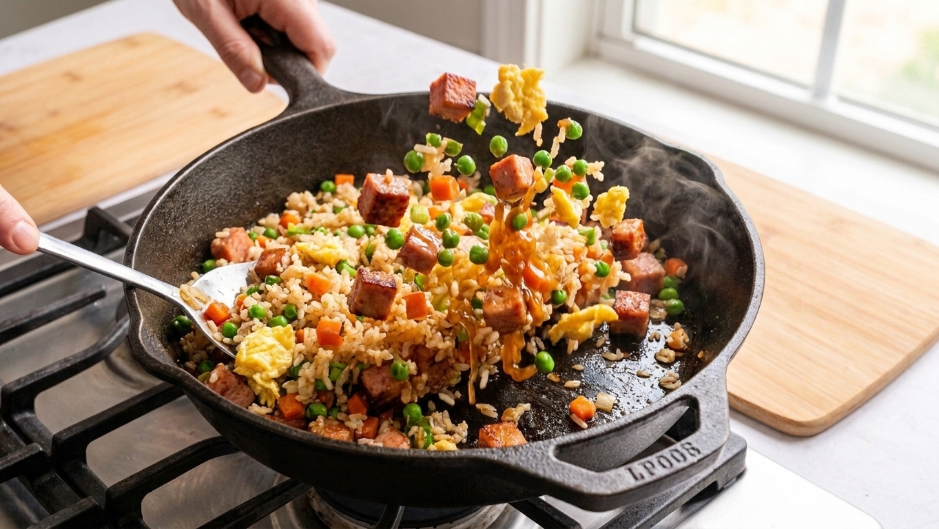 Spam fried rice being tossed in a skillet with peas, carrots, scrambled egg, and scallions as the sauce glosses the rice