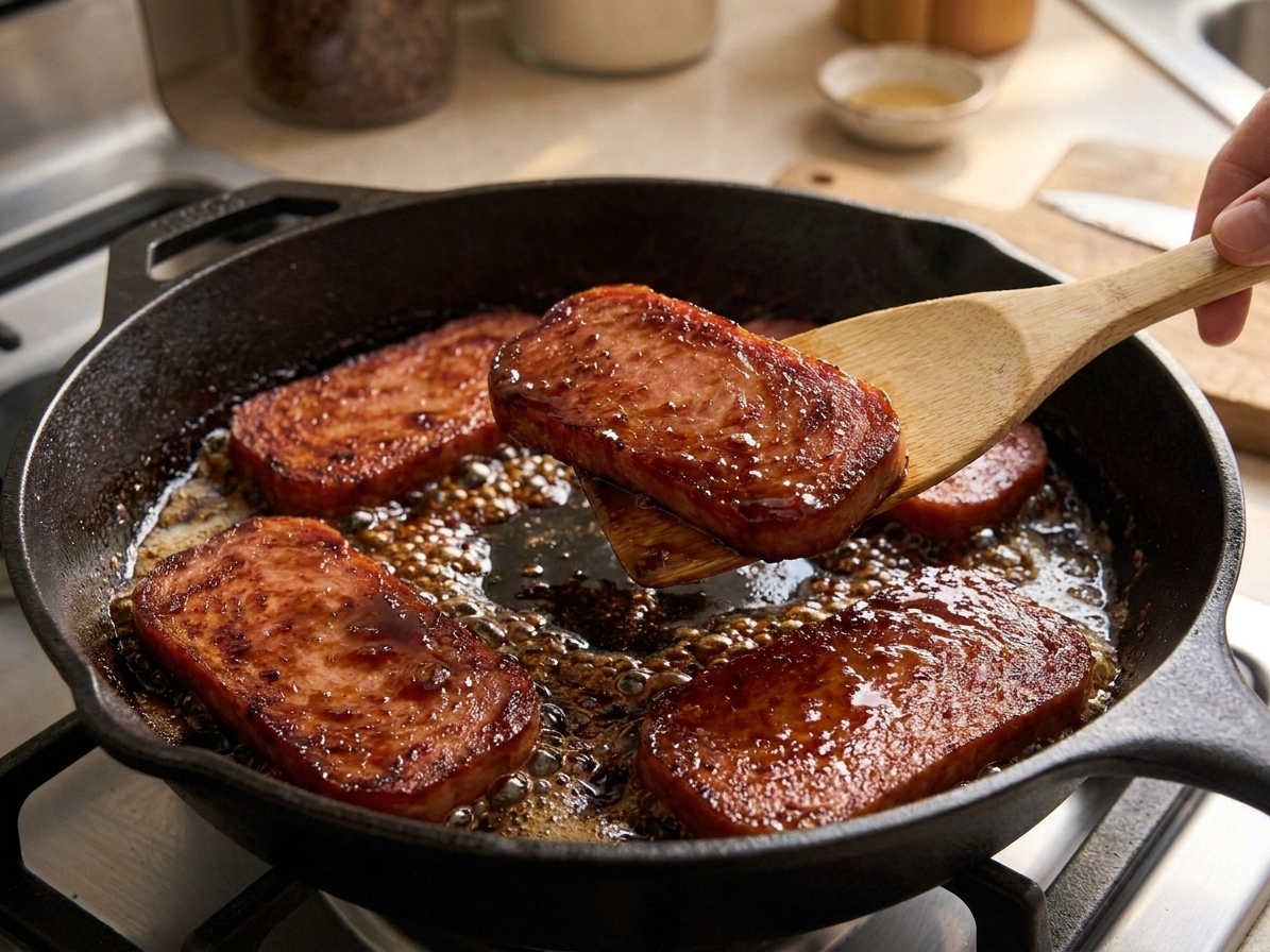 Spam slices browning in a skillet with caramelized edges as a soy-sugar glaze bubbles around them