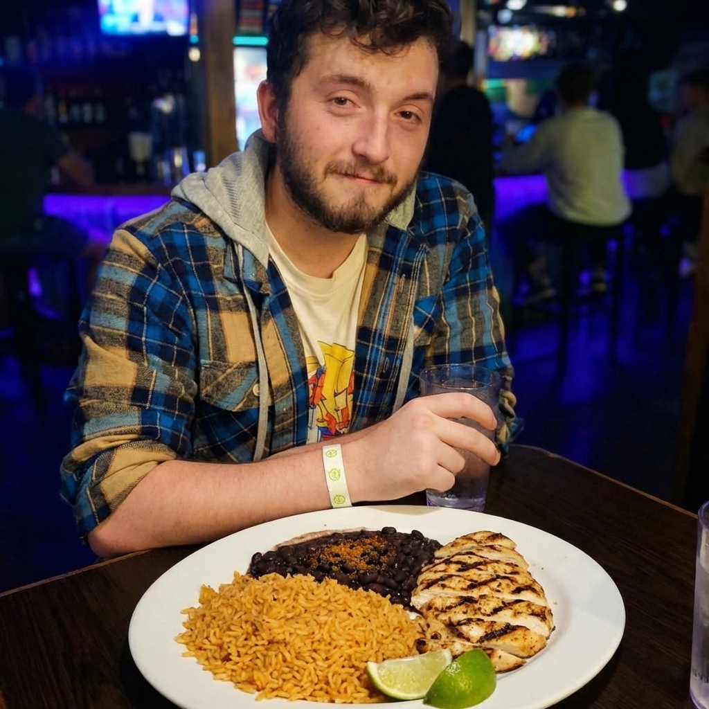 Spanish rice served alongside black beans and grilled chicken on a plate with lime wedges
