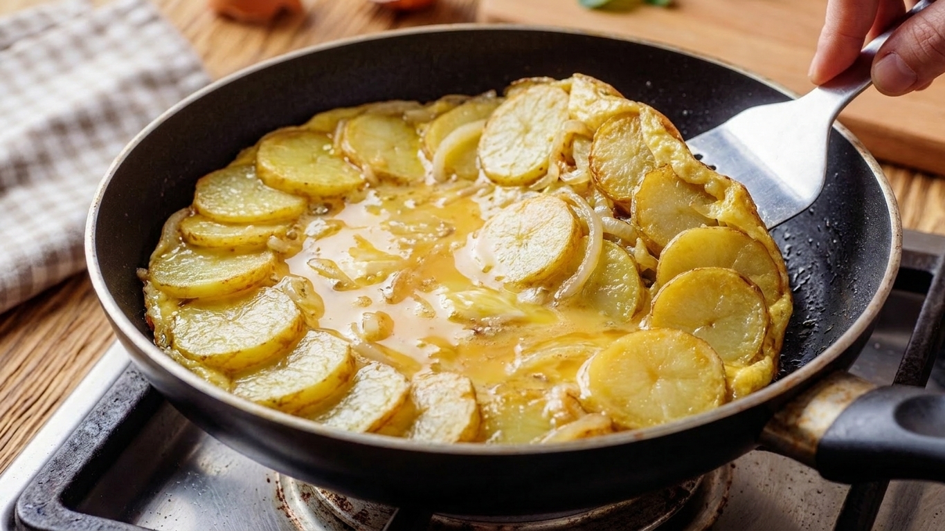 Spanish tortilla mixture cooking in a nonstick skillet, edges set and center still glossy, spatula tucking in the sides