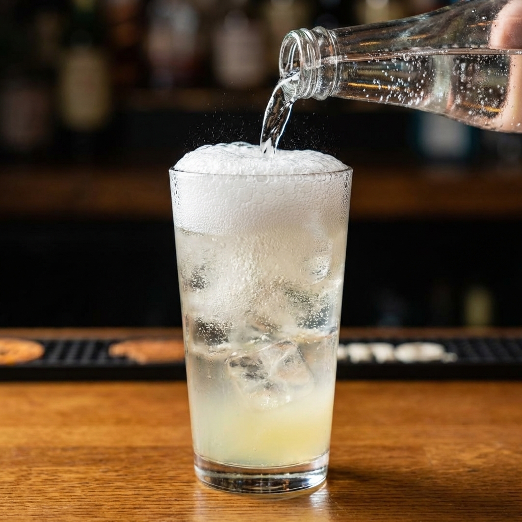 Sparkling mineral water being poured into a highball glass with ice, tequila, and lime juice, bubbles forming at the surface