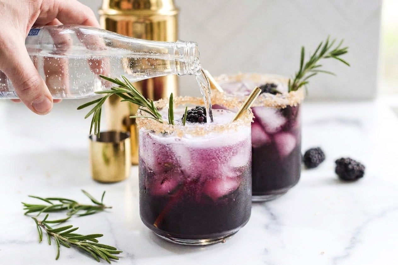 Sparkling water being poured into a glass of purple berry mocktail over ice, creating bubbles and a lighter gradient near the top