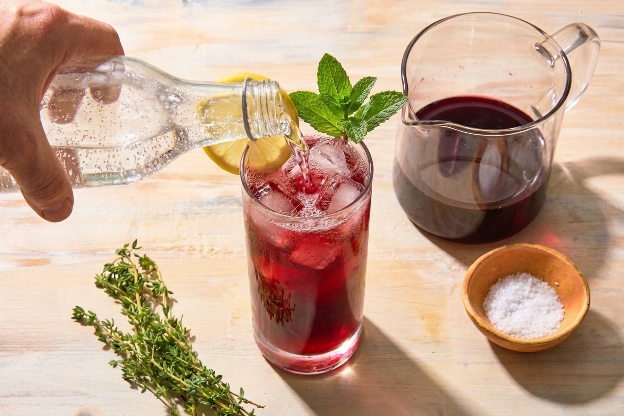 Sparkling water being poured into a glass of tart cherry and lemon mocktail over ice on a kitchen counter