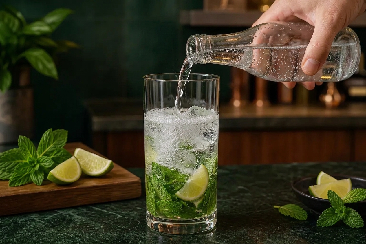 Sparkling water being poured into a mint and lime mocktail over ice in a tall glass