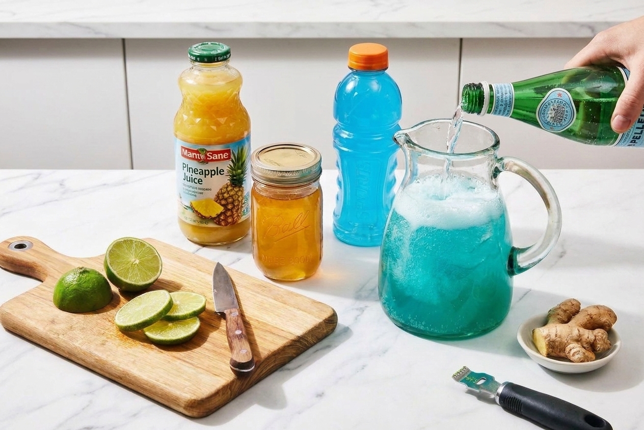 Sparkling water being poured into a pitcher of blue punch with bubbles rising to the surface
