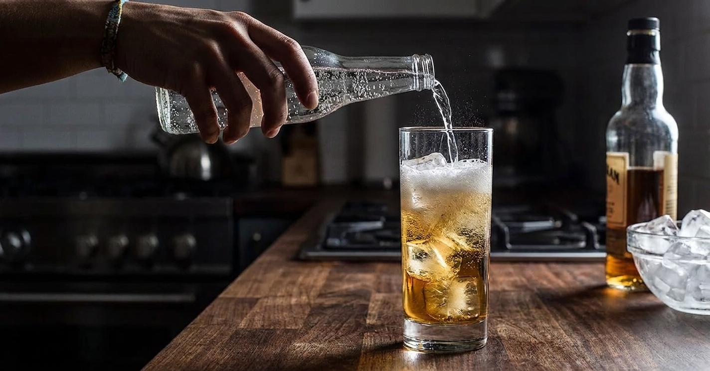 Sparkling water being poured into a tall glass with whiskey and large ice cubes on a home kitchen counter as bubbles rise