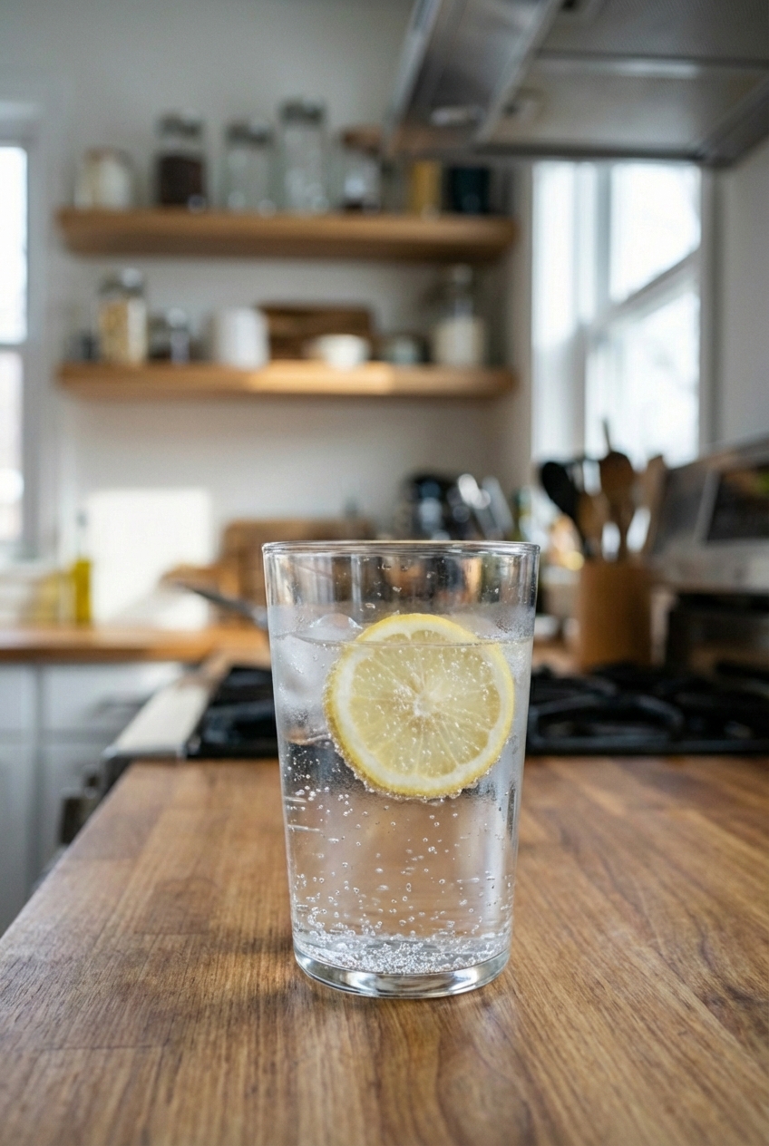 Sparkling water in a glass with a lemon slice and ice