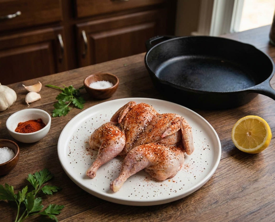 Spatchcocked quail seasoned with salt, pepper, and paprika resting on a plate next to a skillet on a kitchen counter