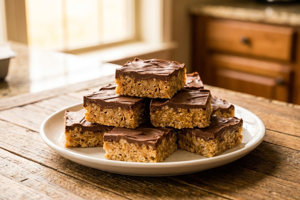 Special K bars cut into squares and stacked on a white plate on a wooden table with a soft kitchen background