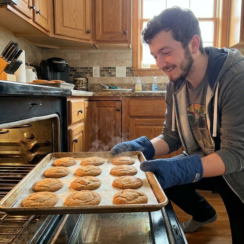 Spice cookies toasting on a rimmed baking sheet as they come out of the oven, warm golden edges, home kitchen photo