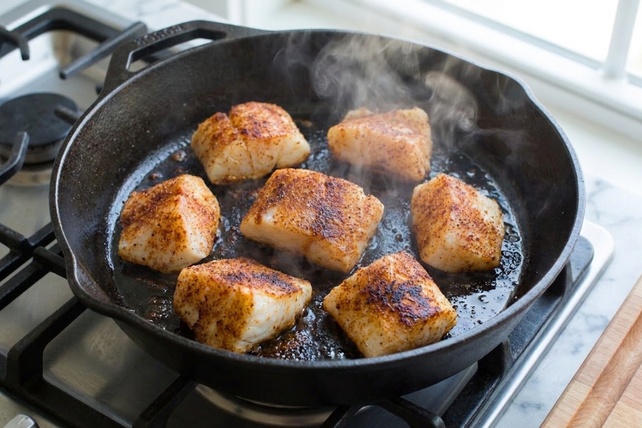 Spice-rubbed white fish pieces searing in a hot skillet with browned edges forming