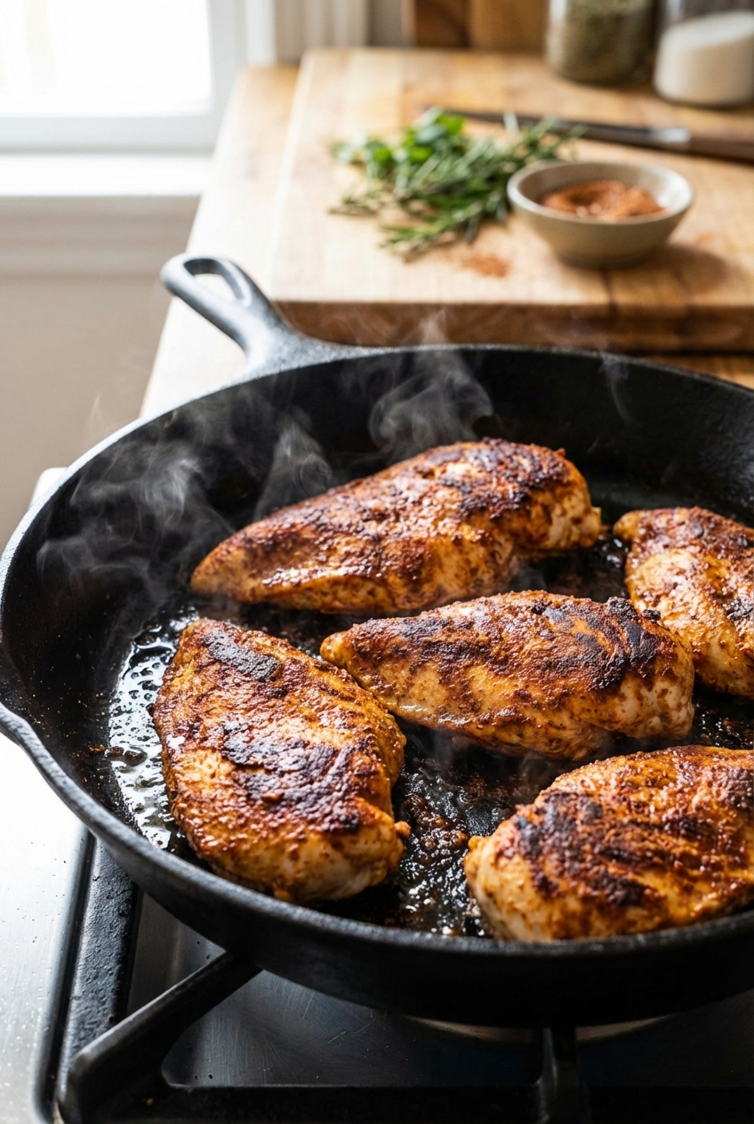 Spiced chicken pieces searing in a cast iron skillet with visible browned edges