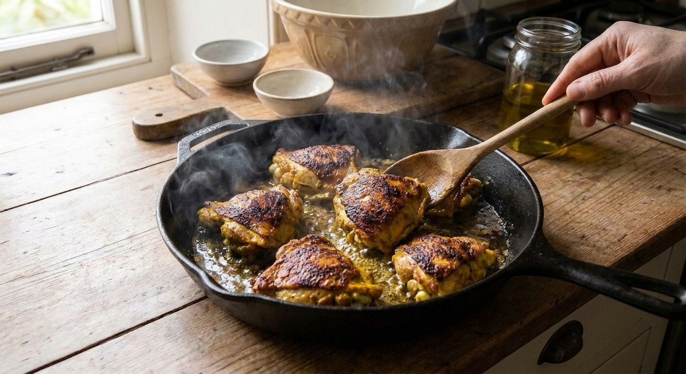 Spiced chicken thighs searing in a hot skillet with browned edges and sizzling oil