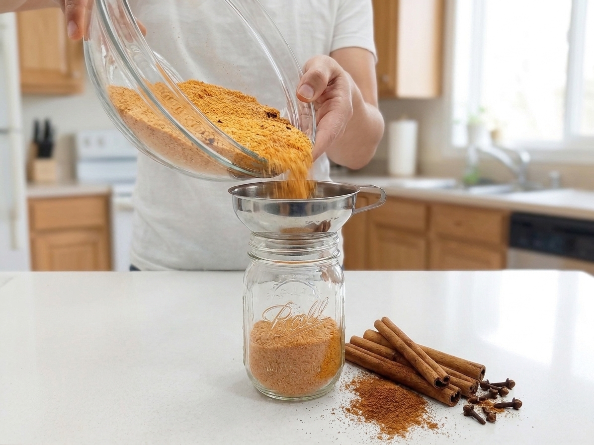 Spiced citrus tea mix being poured into a glass jar using a funnel on a kitchen counter