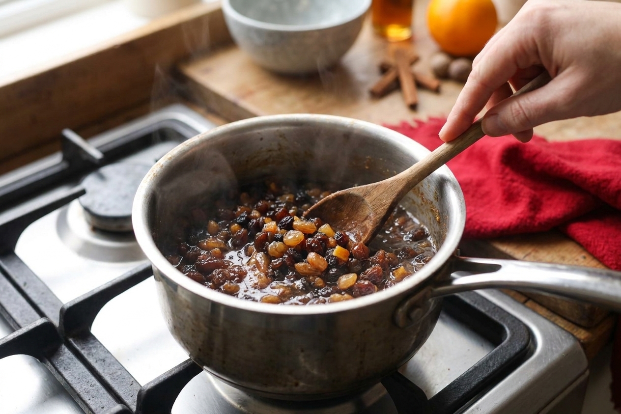 Spiced dried fruit mincemeat simmering in a small saucepan on a stovetop with a wooden spoon stirring