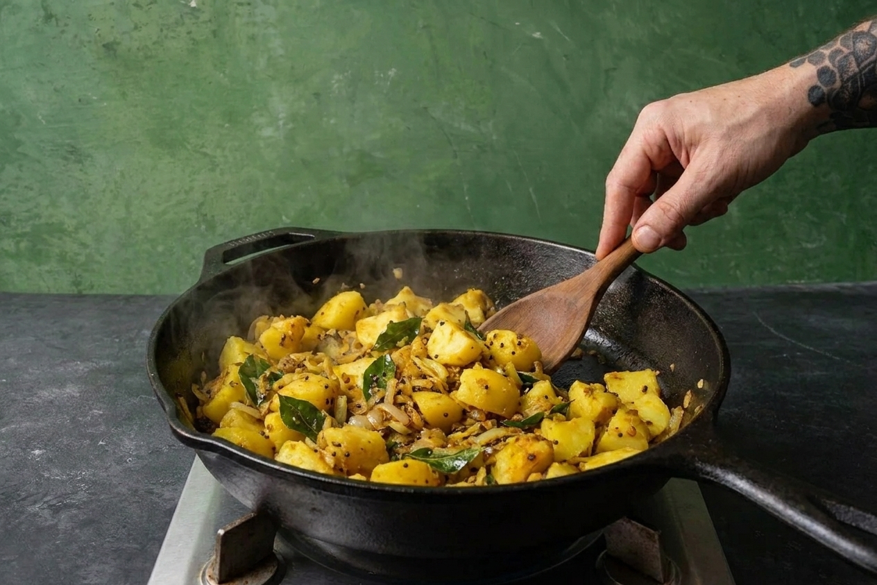 Spiced potato masala filling in a skillet with visible curry leaves and sautéed onions, steam rising