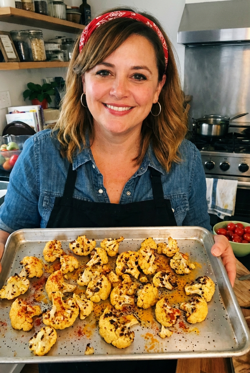 Spiced roasted cauliflower florets on a sheet pan