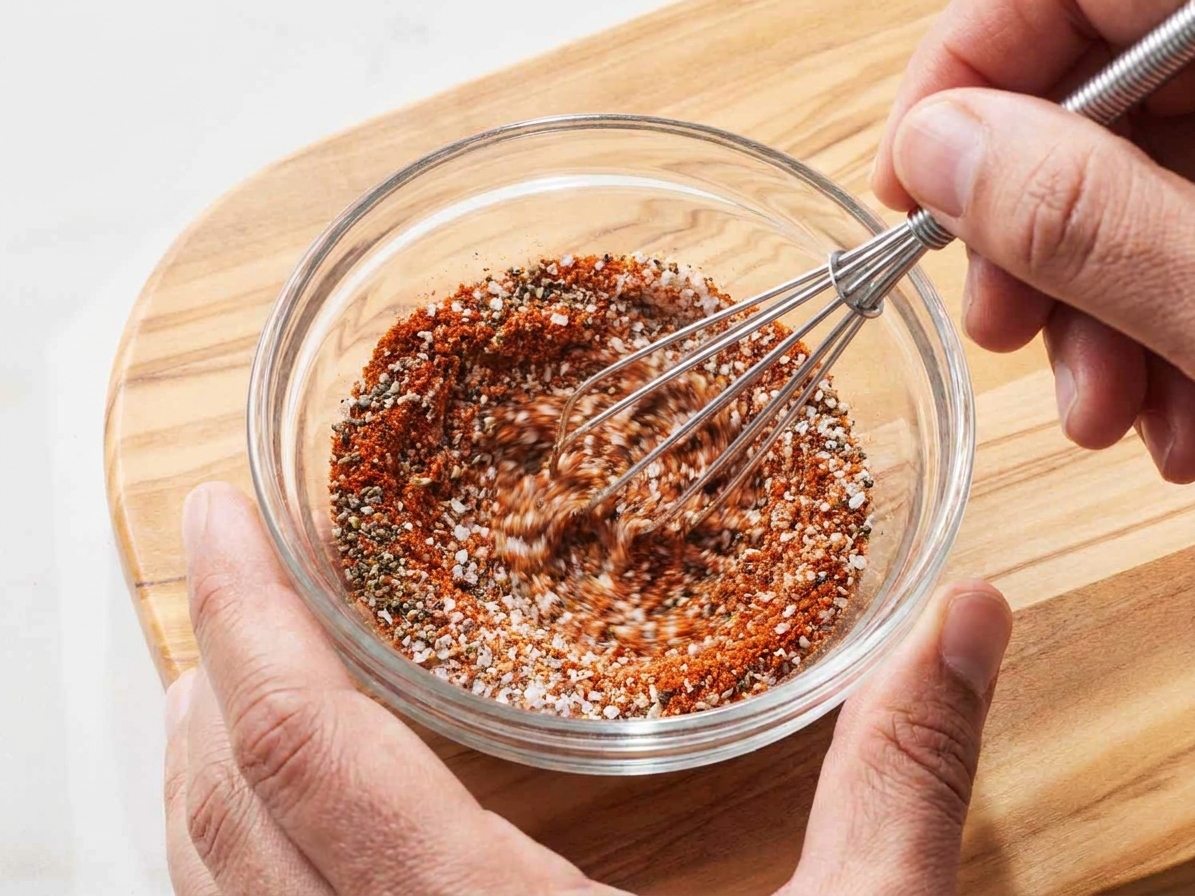 Spices and salt being whisked together in a small bowl on a kitchen counter