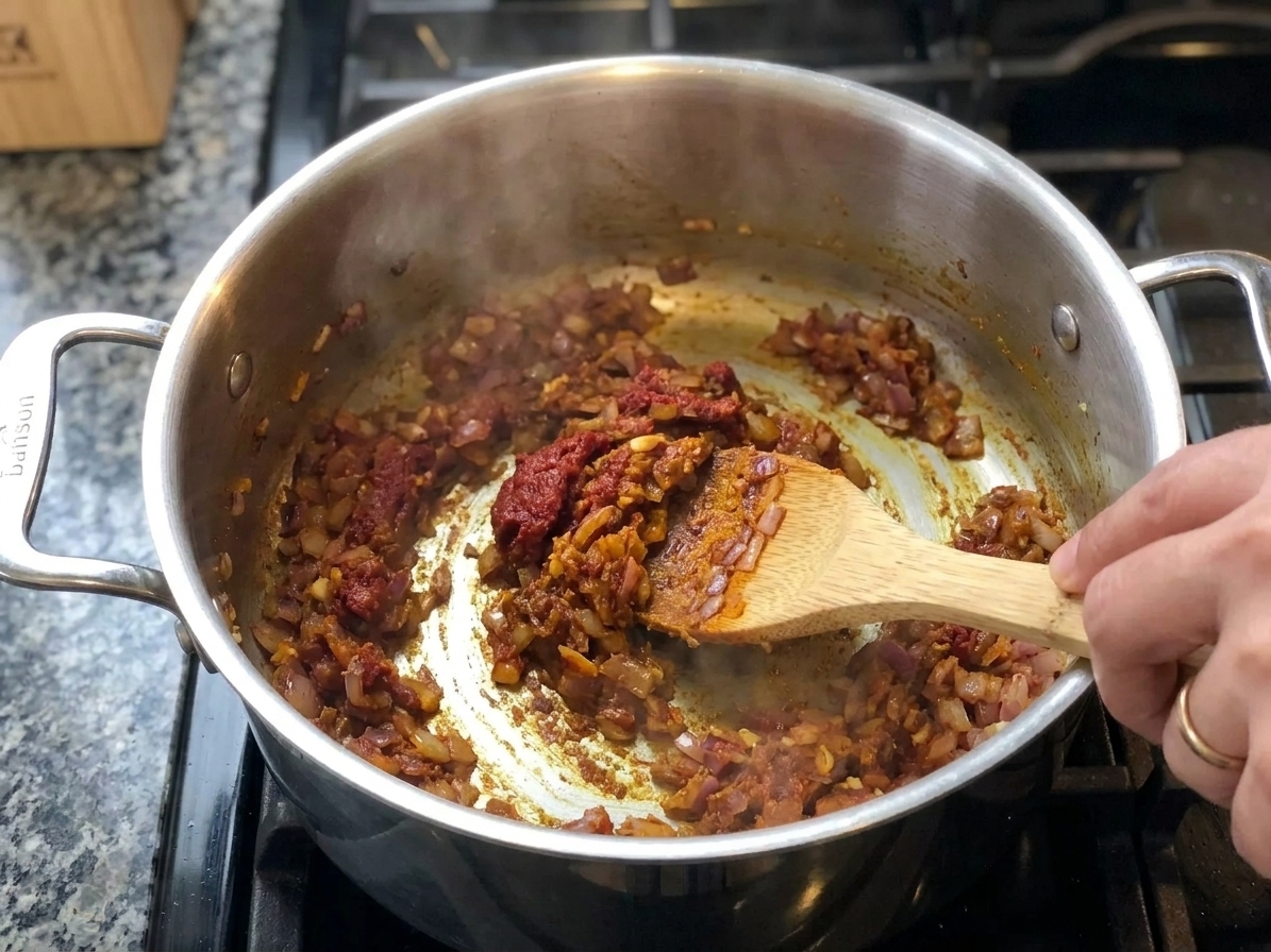 Spices and tomato paste being stirred in a pot with onions, forming a fragrant paste on the bottom of the pot