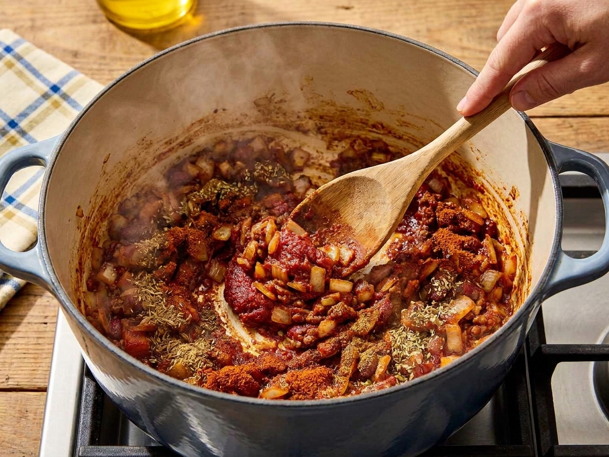 Spices and tomato paste toasting in a Dutch oven with onions while being stirred with a wooden spoon