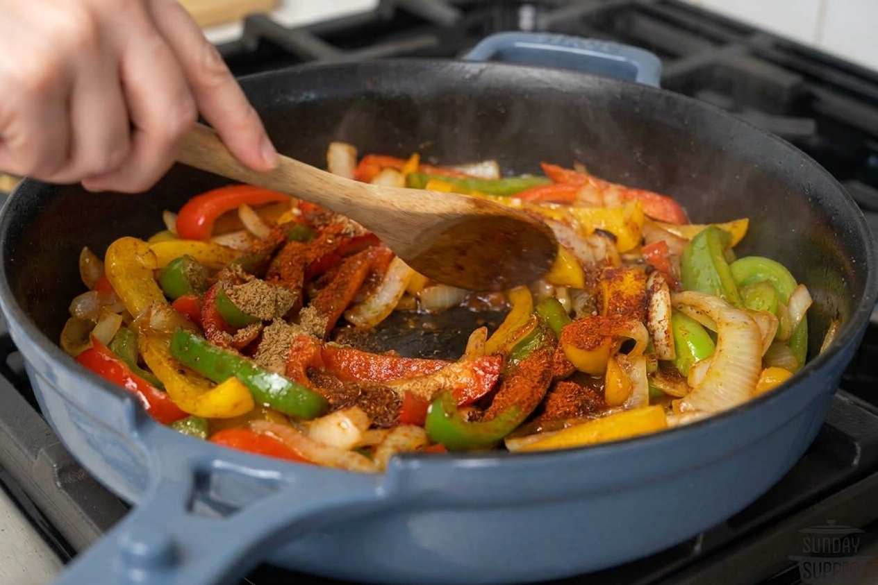 Spices being stirred into sautéed onions and peppers in a pot, showing a reddish coating forming on the vegetables