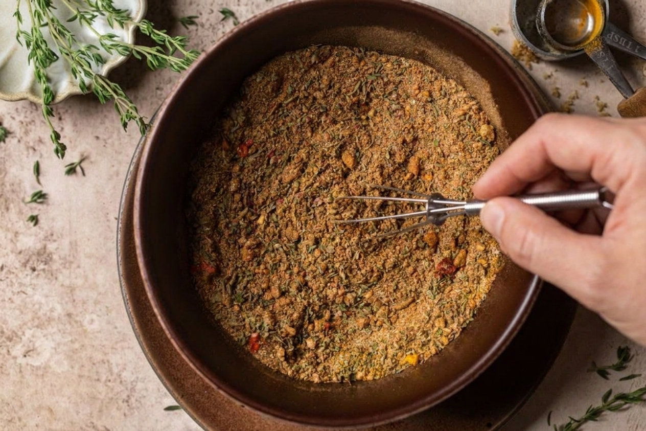 Spices being whisked together in a small bowl on a kitchen counter