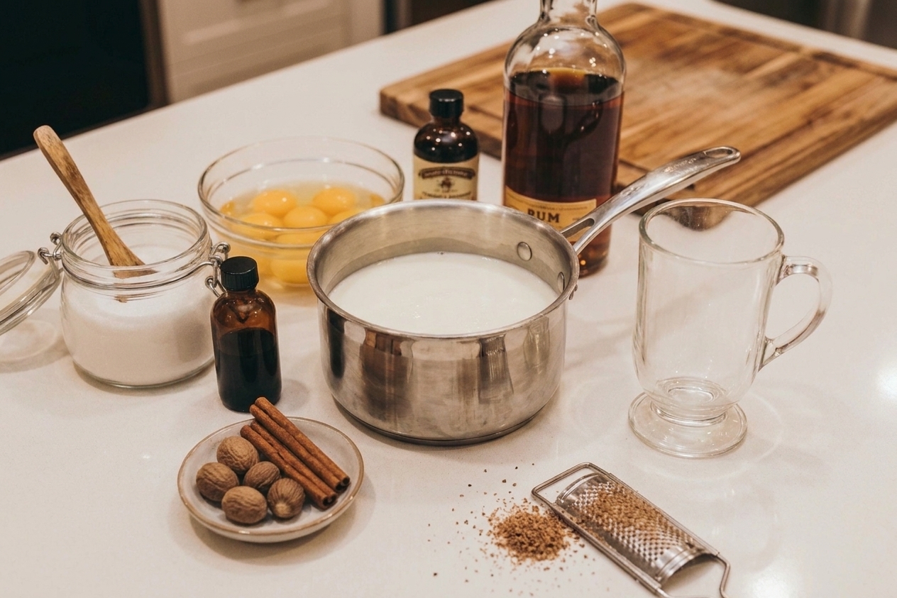 Spices, eggs, sugar, vanilla, hot milk, rum, and a mug arranged on a light kitchen counter ready for making Tom and Jerry batter