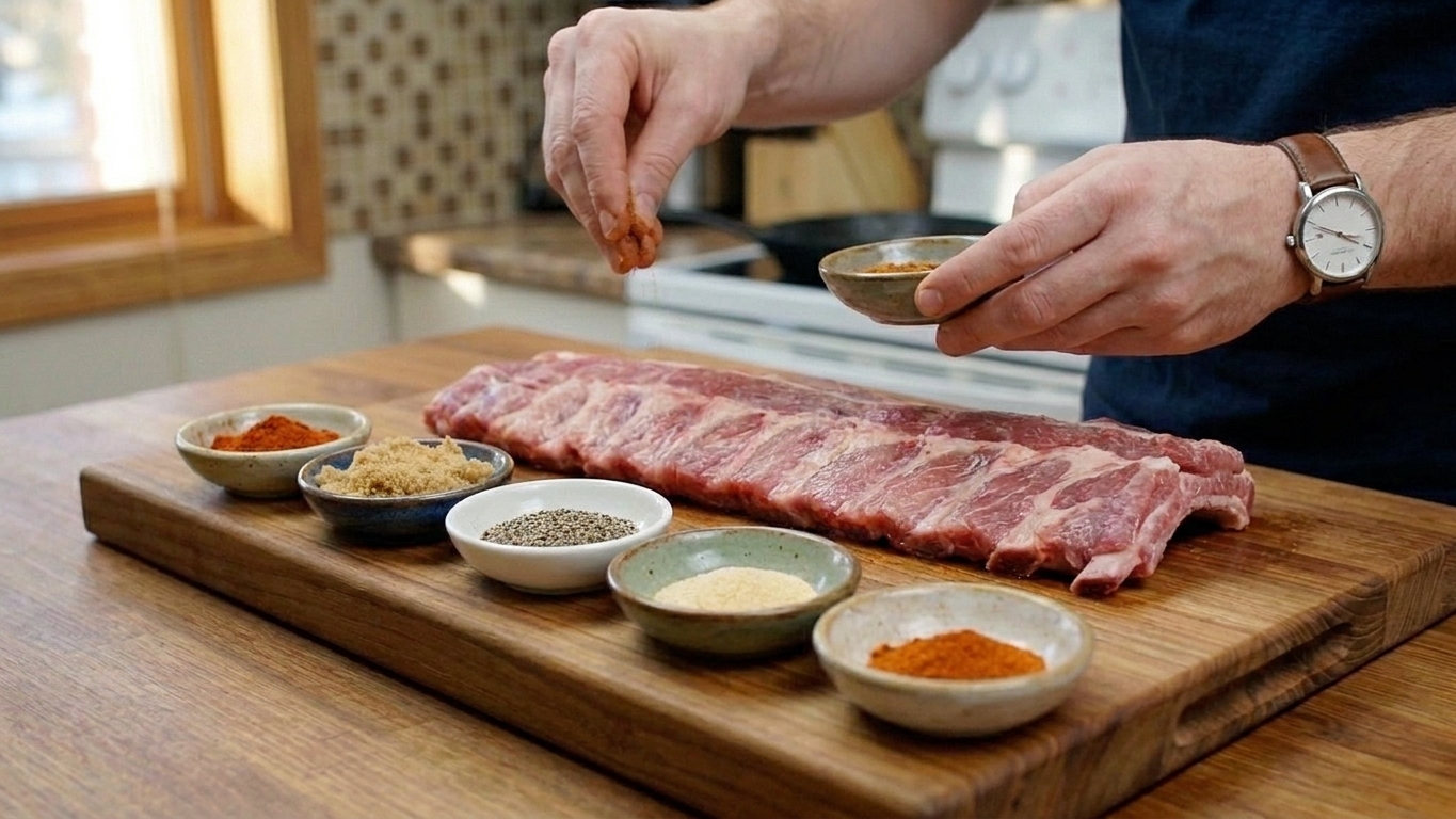 Spices for a dry rub measured in small bowls on a kitchen counter next to a rack of pork ribs