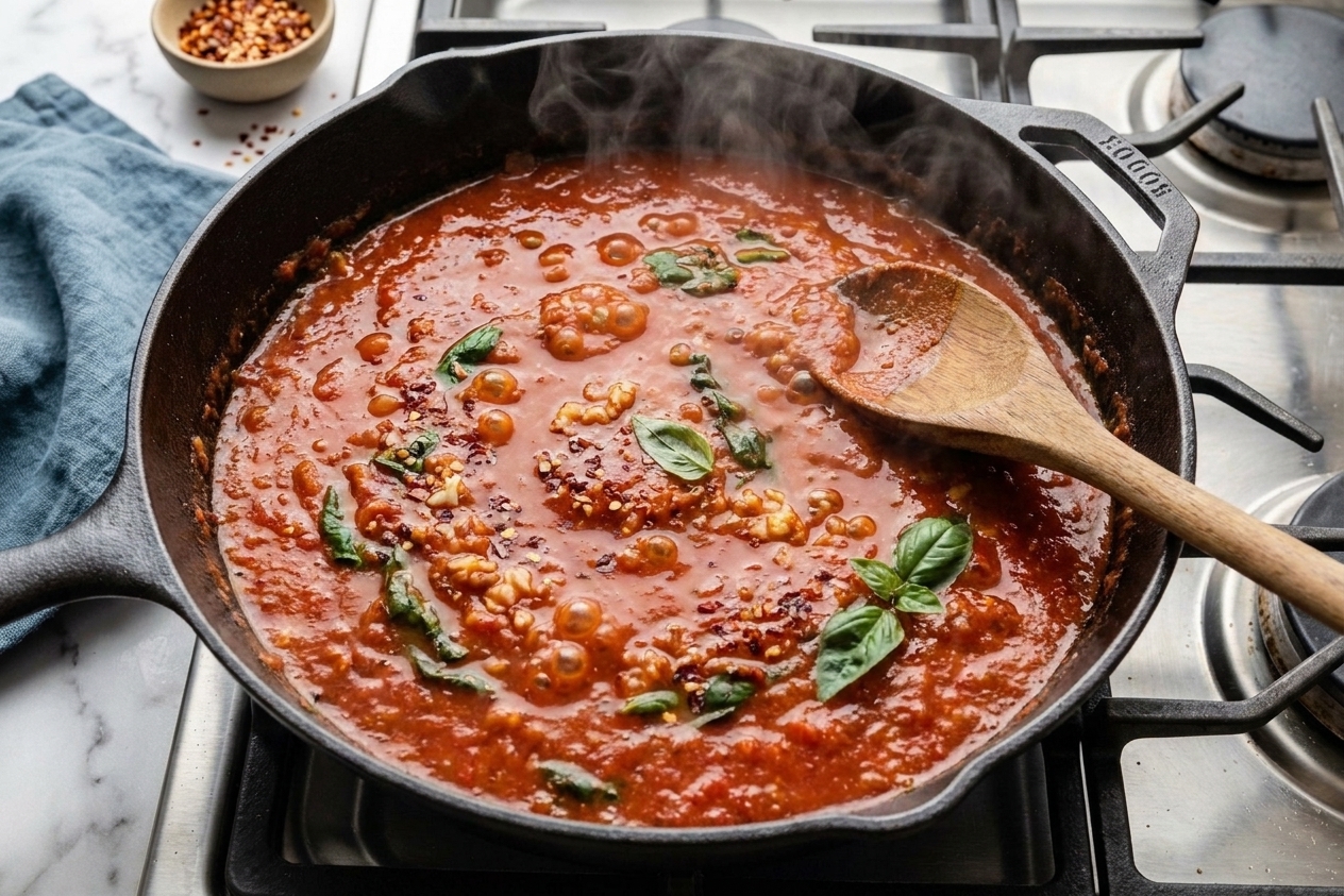 Spicy tomato sauce gently simmering in a skillet with visible bubbles and a wooden spoon resting on the edge