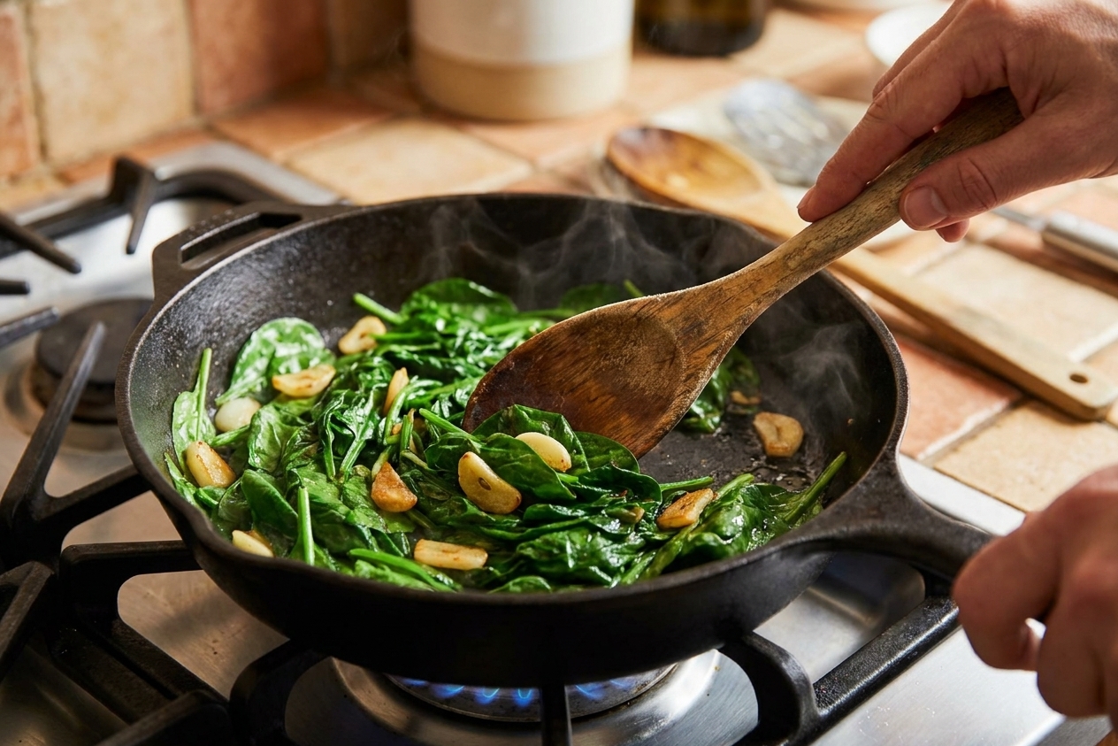 Spinach and garlic sautéing in a skillet on a home stove with a wooden spoon stirring
