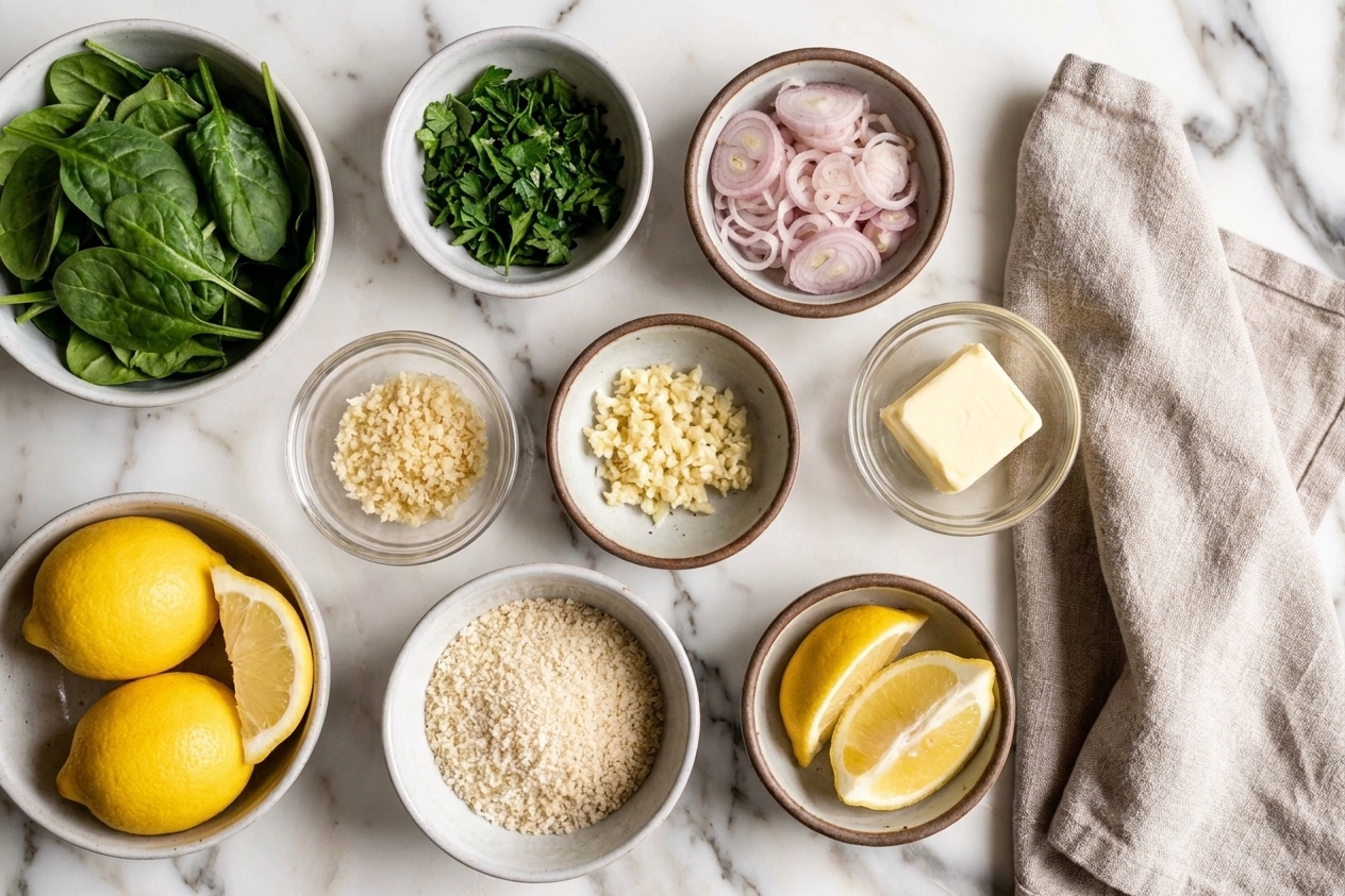 Spinach, parsley, shallot, garlic, butter, panko, and lemons arranged in small bowls on a clean kitchen counter
