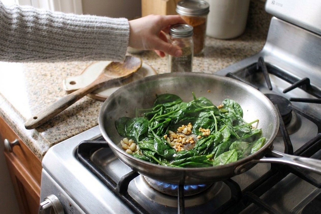 Spinach wilting in a skillet with garlic on a stovetop, steam rising