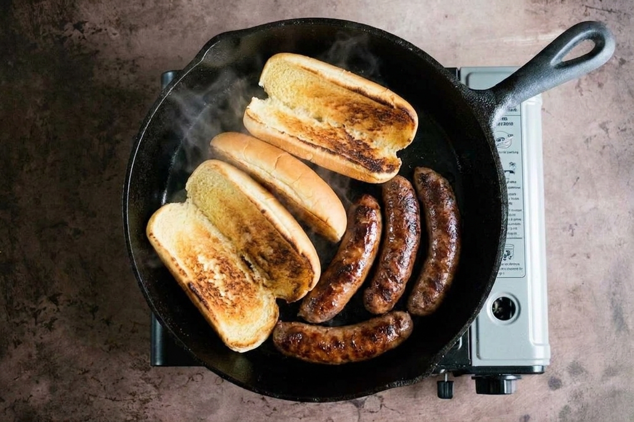 Split buns toasting cut-side down in a skillet next to browned bratwurst links under warm kitchen lighting