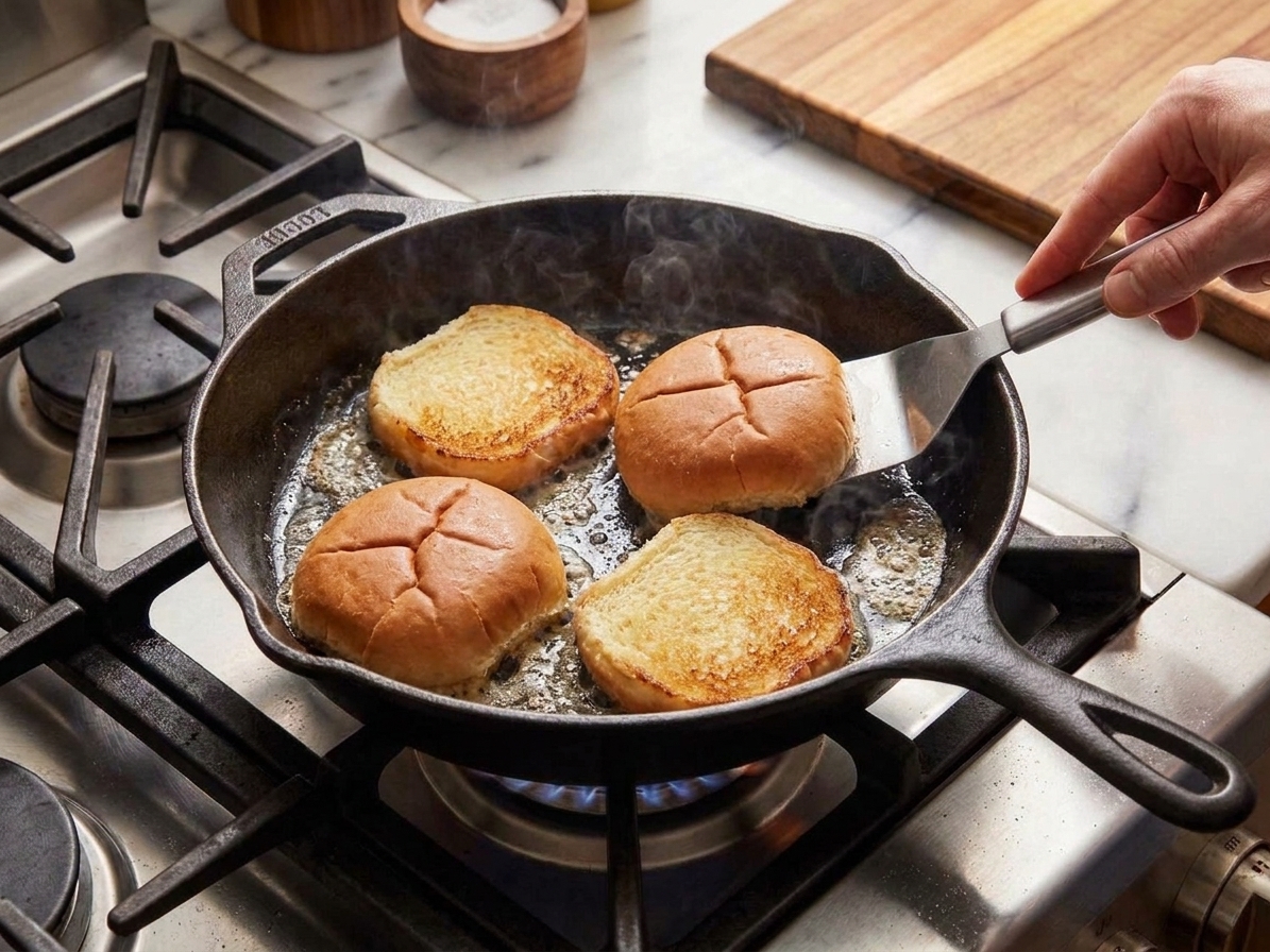 Split burger buns toasting cut-side down in a buttery skillet until golden brown