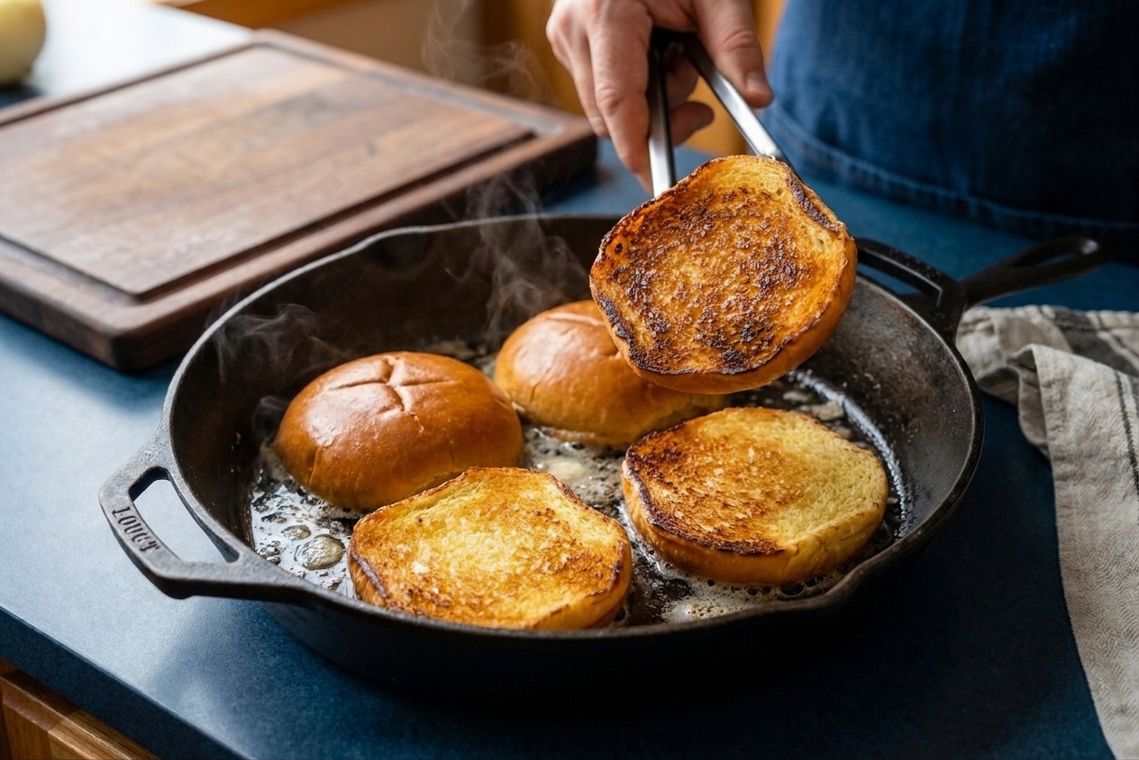 Split burger buns toasting cut-side down in a skillet until golden brown