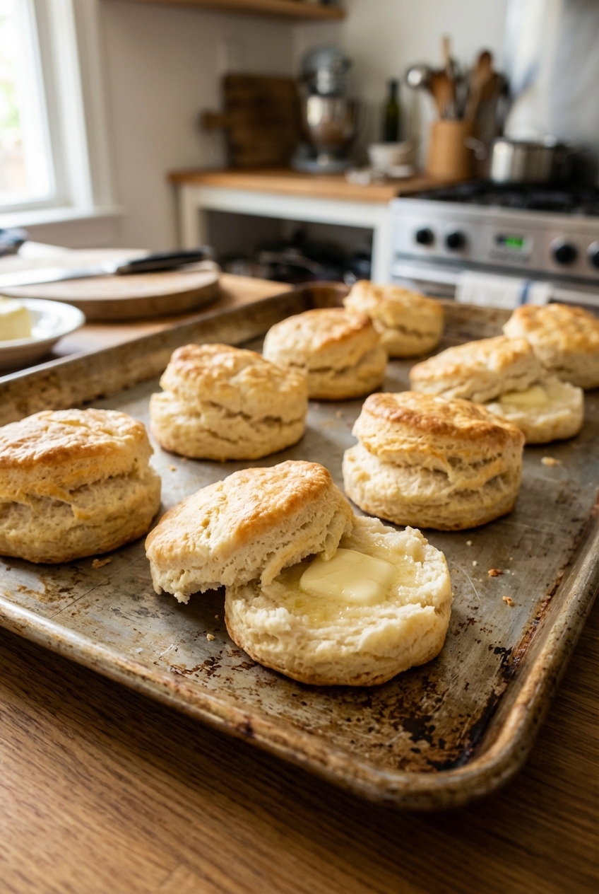 Split buttermilk biscuits on a baking sheet with golden tops
