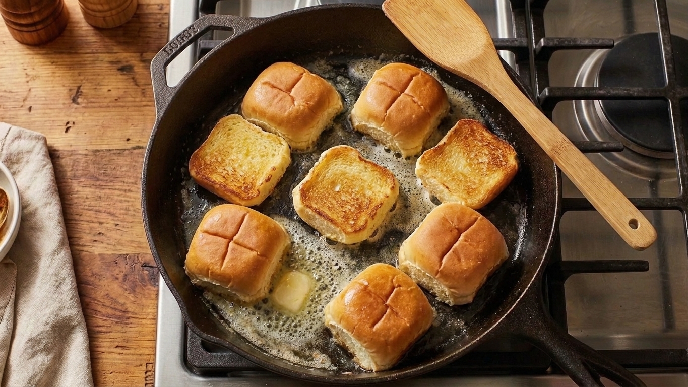 Split dinner rolls toasting cut-side down in melted butter in a skillet on the stovetop