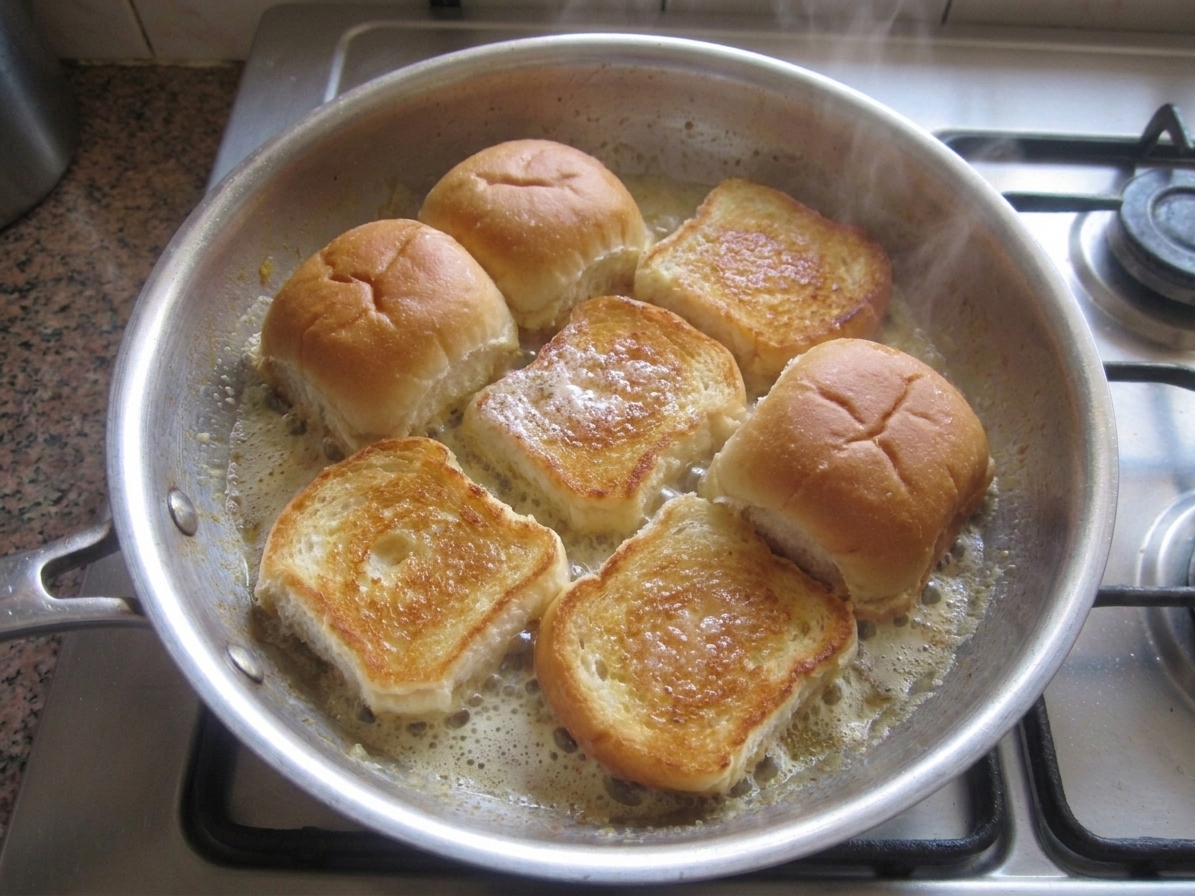 Split dinner rolls toasting cut-side down in melted butter in a skillet, turning golden brown