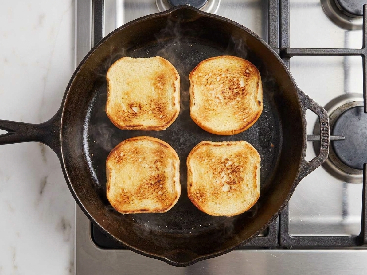 Split hamburger buns toasting cut-side down in a skillet on a stovetop with golden browned surfaces