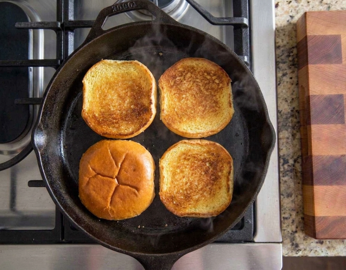 Split hamburger buns toasting cut-side down in a skillet, turning golden brown on a stovetop