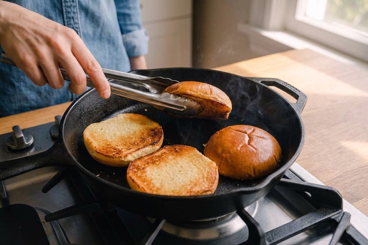 Split hamburger buns toasting cut-side down in a skillet on a stove with golden edges forming