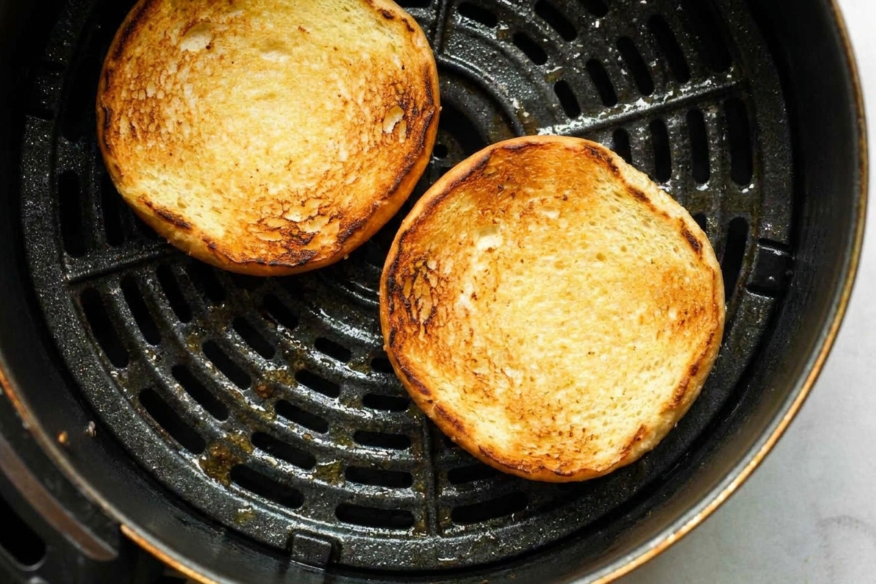 Split hamburger buns toasting inside an air fryer basket, cut sides golden brown