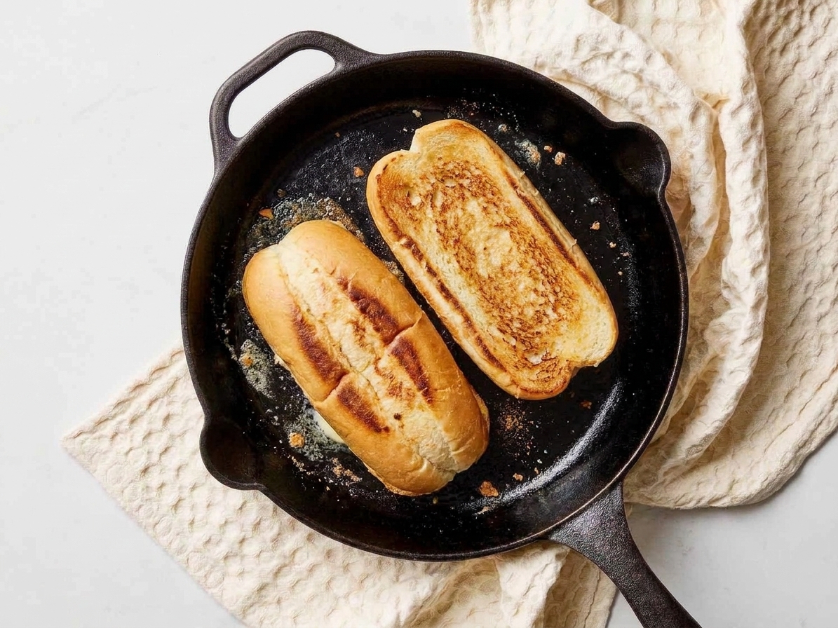 Split hoagie rolls toasting cut-side down in a skillet until golden