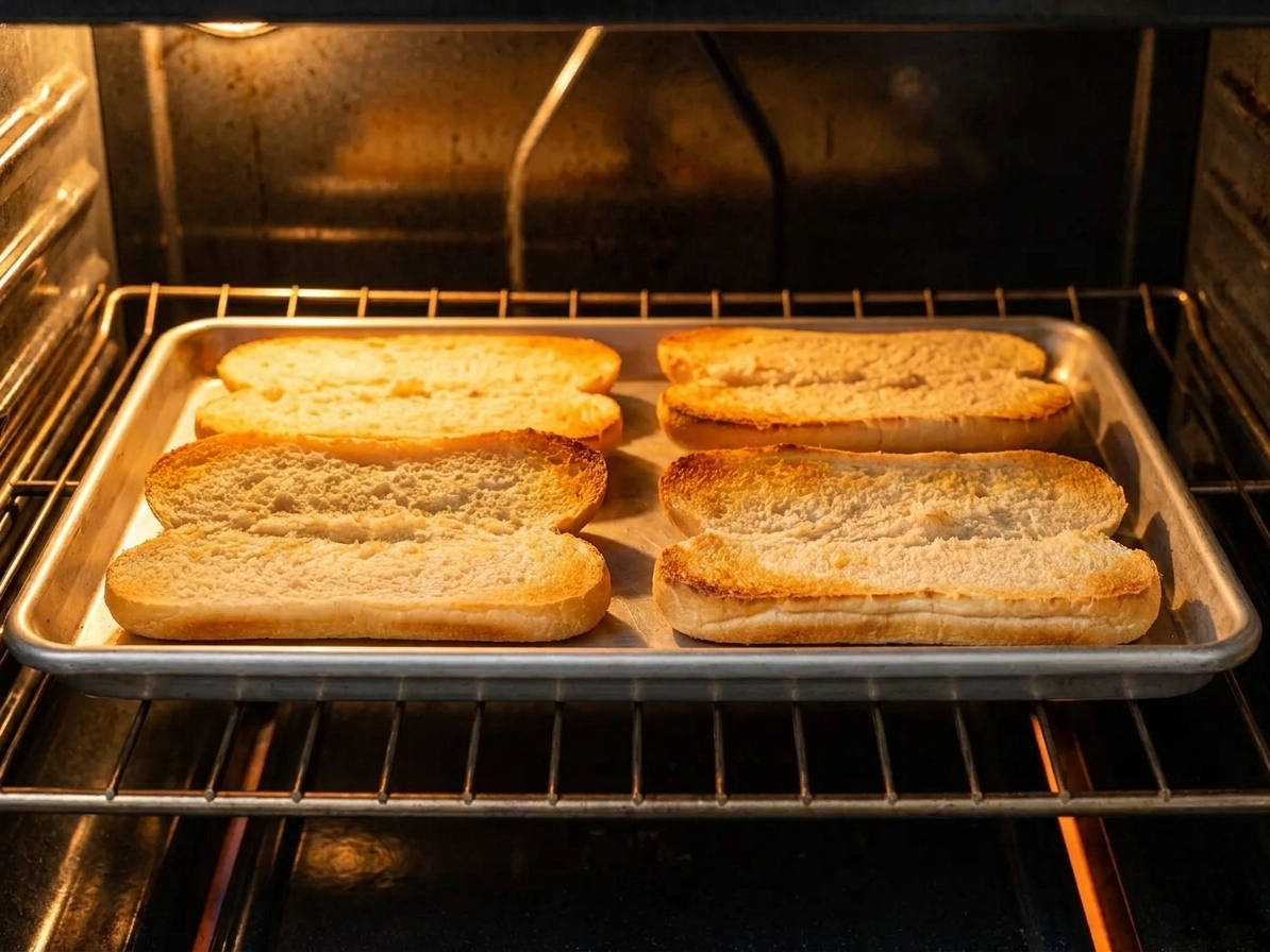Split hoagie rolls toasting cut-side up on a sheet pan in a home oven