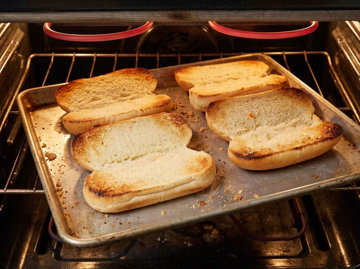 Split hoagie rolls toasting on a sheet pan under an oven broiler, lightly golden on the edges