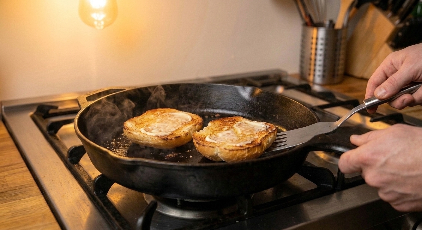 Split kaiser rolls toasting cut-side down in a skillet, turning golden brown with a light smear of mayonnaise