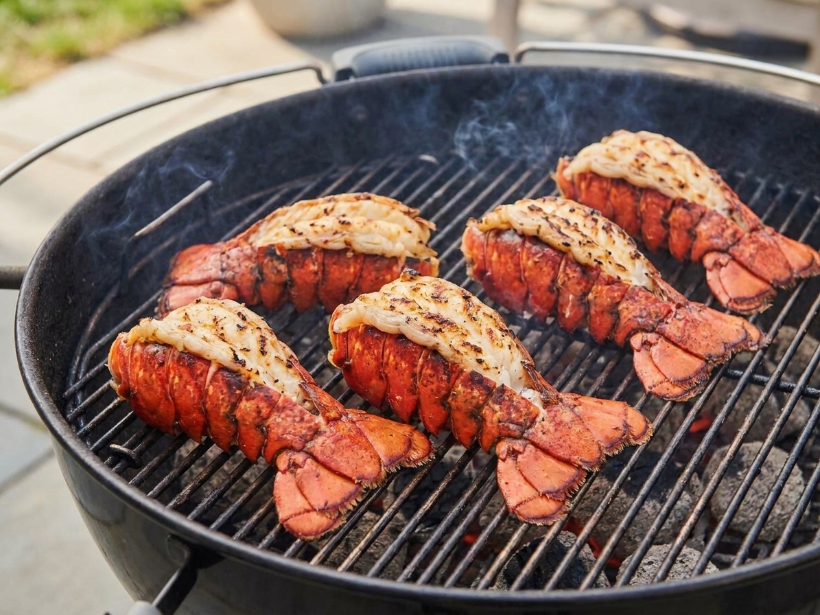 Split lobster tails cooking on a hot grill with light smoke rising